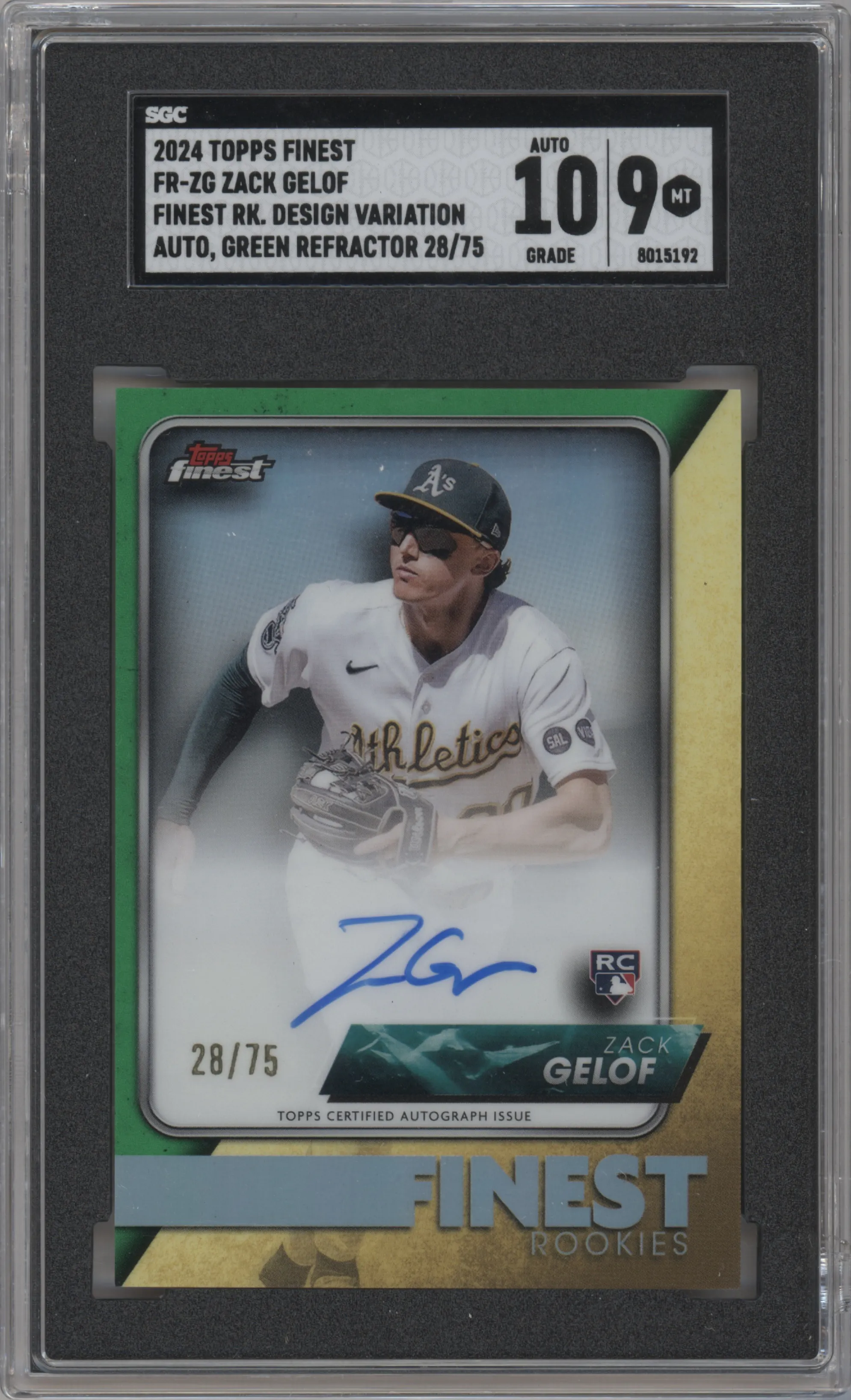 2024 Topps Finest Rke.Des.Auto Var. Zack Gelof Green Refractor #FR-ZG SGC 9