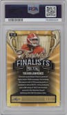 Trevor Lawrence from the 2021 Leaf Metal Trophy Finalists set featuring a Blue Wave parallel graded by PSA and given an overall grade of 10.
