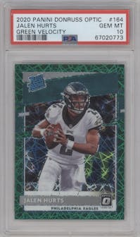 Jalen Hurts from the 2020 Panini Donruss Optic set featuring a Green Velocity parallel graded by PSA and given an overall grade of 10.