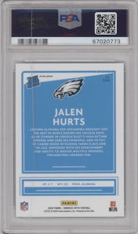 Jalen Hurts from the 2020 Panini Donruss Optic set featuring a Green Velocity parallel graded by PSA and given an overall grade of 10.