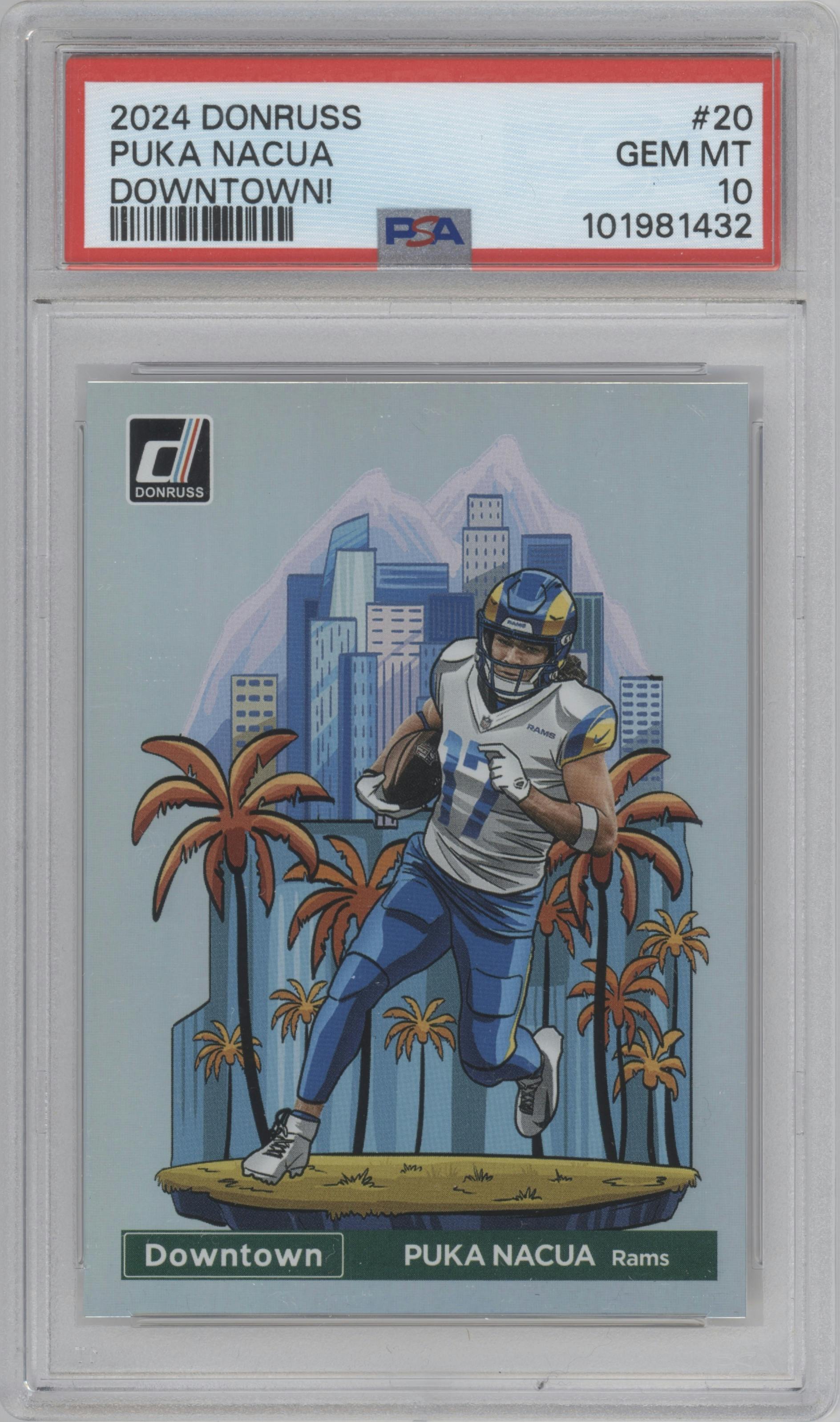 Puka Nacua from the 2024 Donruss set graded by PSA and given an overall grade of 10.