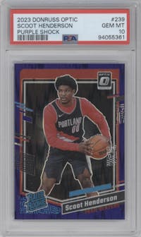 Scoot Henderson from the 2023-24 Donruss Optic set featuring a Purple Shock parallel graded by PSA and given an overall grade of 10.