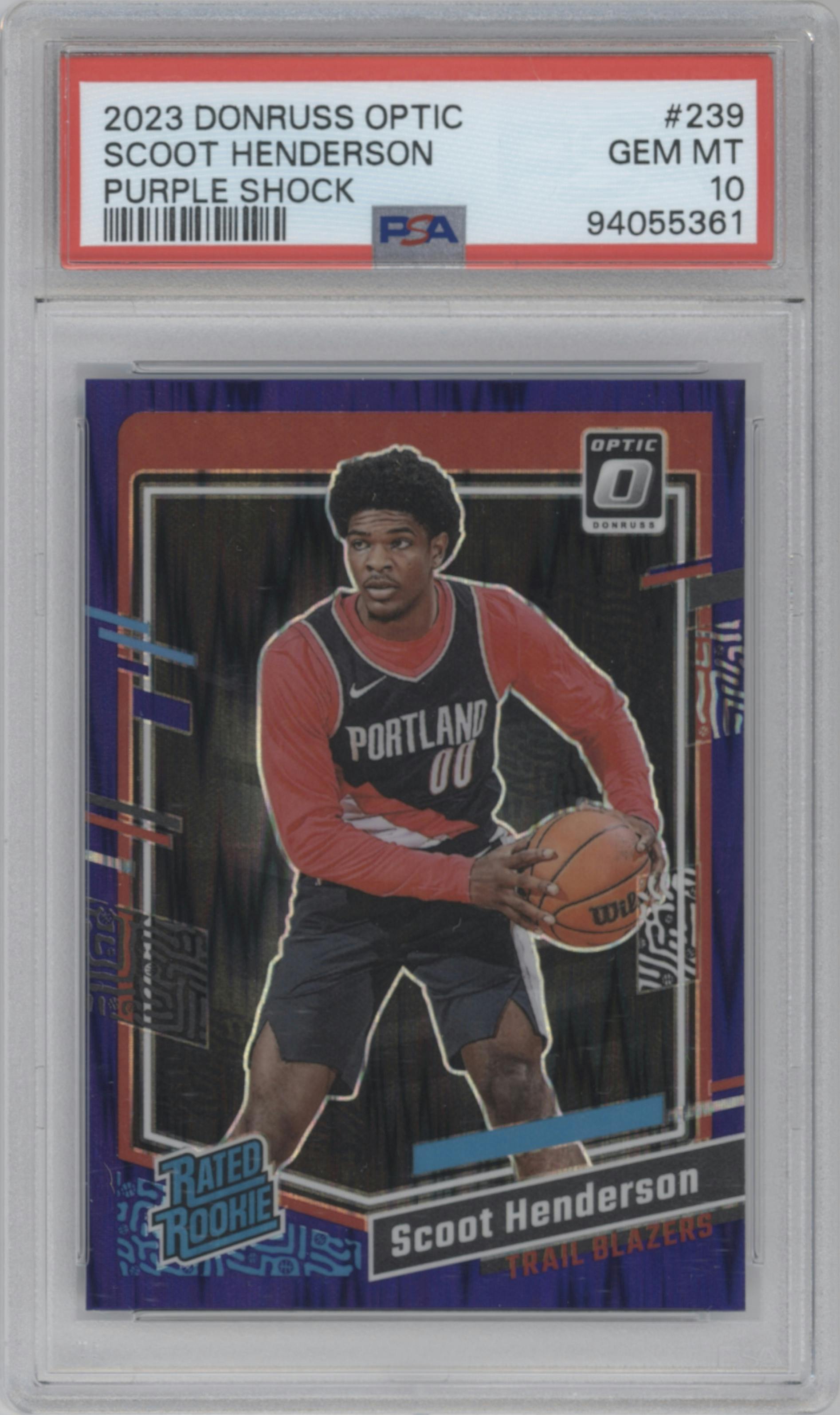 Scoot Henderson from the 2023-24 Donruss Optic set featuring a Purple Shock parallel graded by PSA and given an overall grade of 10.