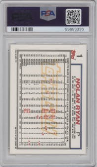 Nolan Ryan from the 1992 Topps set featuring a Gold parallel graded by PSA and given an overall grade of 9.