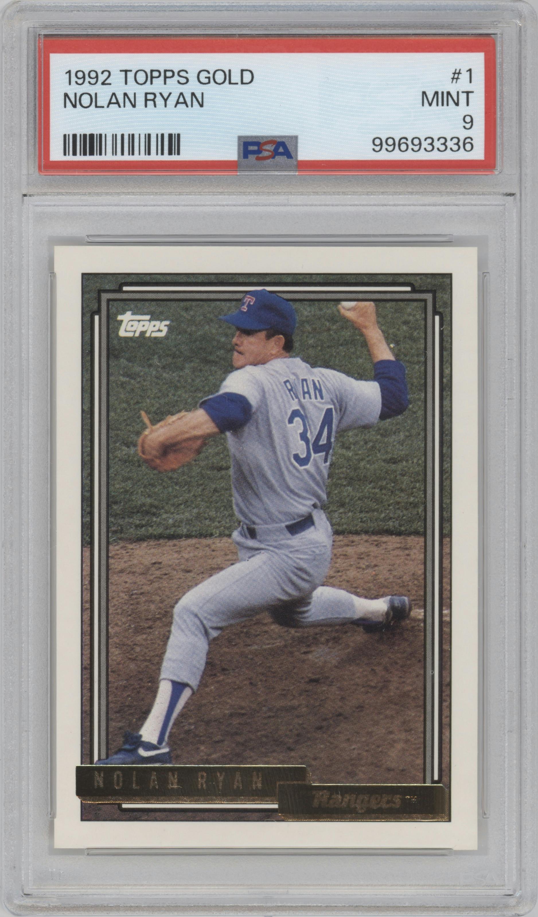 Nolan Ryan from the 1992 Topps set featuring a Gold parallel graded by PSA and given an overall grade of 9.