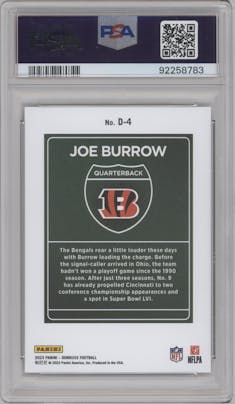 Joe Burrow from the 2023 Panini Donruss set graded by PSA and given an overall grade of 10.