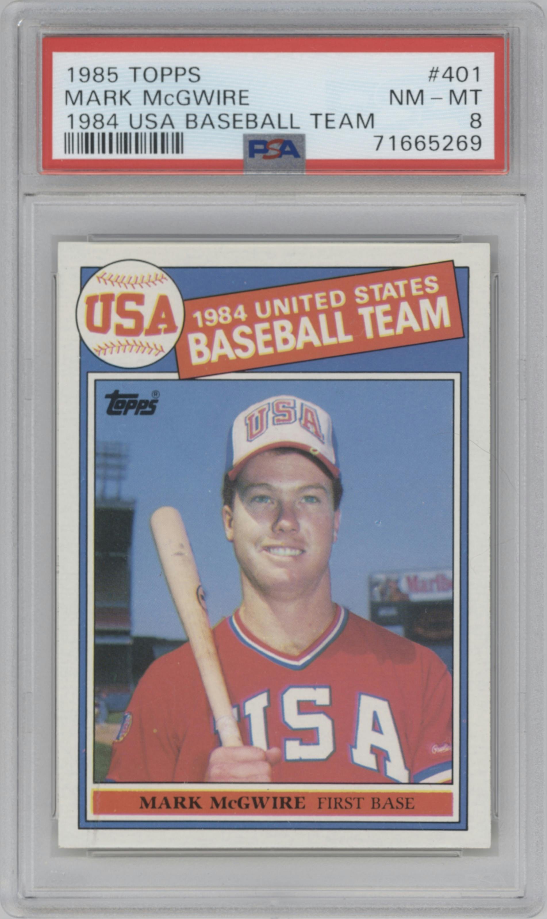 Mark McGwire from the 1985 Topps set graded by PSA and given an overall grade of 8.
