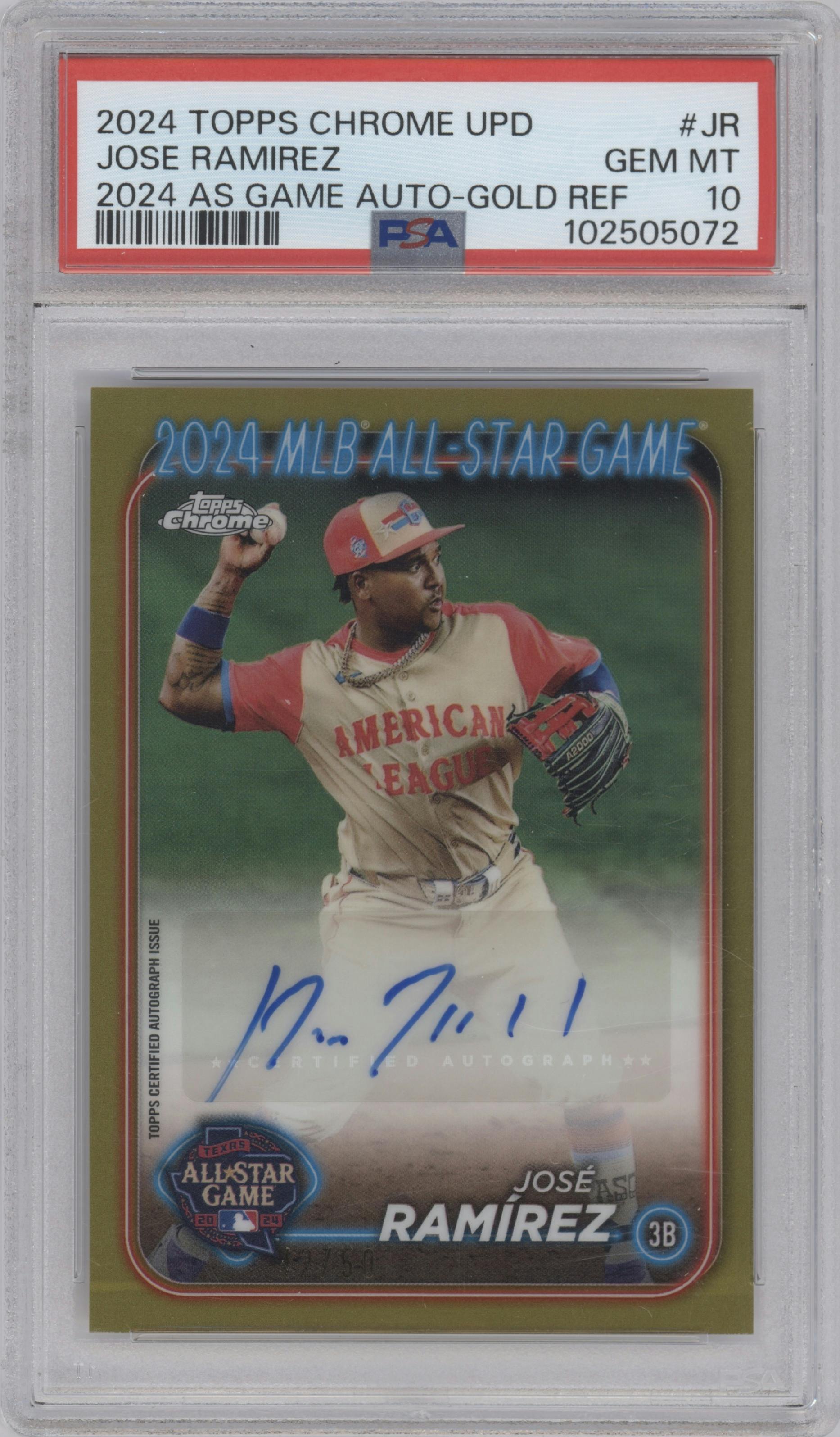 Jose Ramirez from the 2024 Topps Chrome Update set featuring a Gold Refractor parallel graded by PSA and given an overall grade of 10.