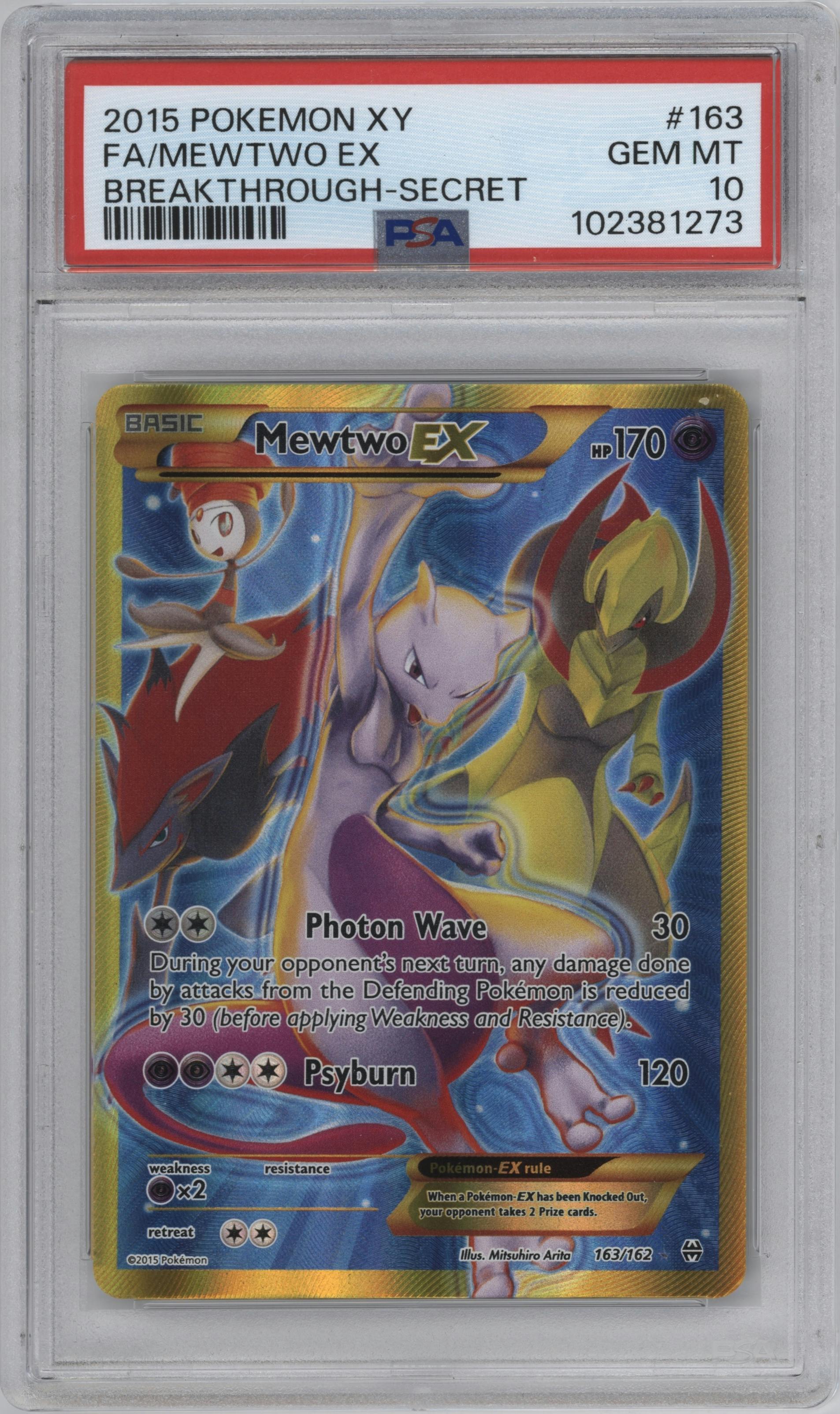 Mewtwo EX from the 2015 Pokemon XY set graded by PSA and given an overall grade of 10.