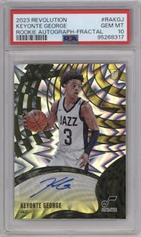Keyonte George from the 2023-24 Panini Revolution set featuring a Fractal parallel graded by PSA and given an overall grade of 10.