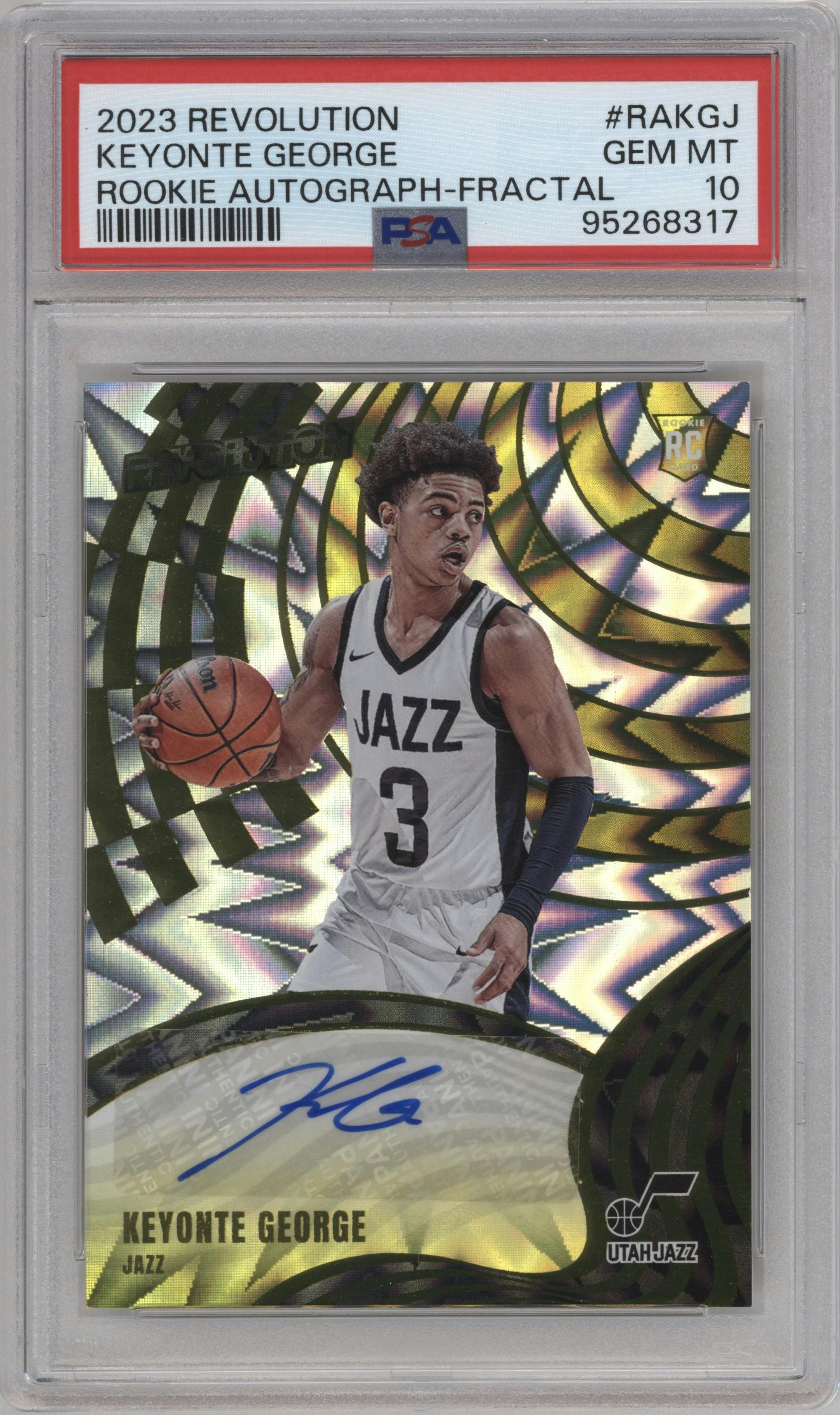 Keyonte George from the 2023-24 Panini Revolution set featuring a Fractal parallel graded by PSA and given an overall grade of 10.