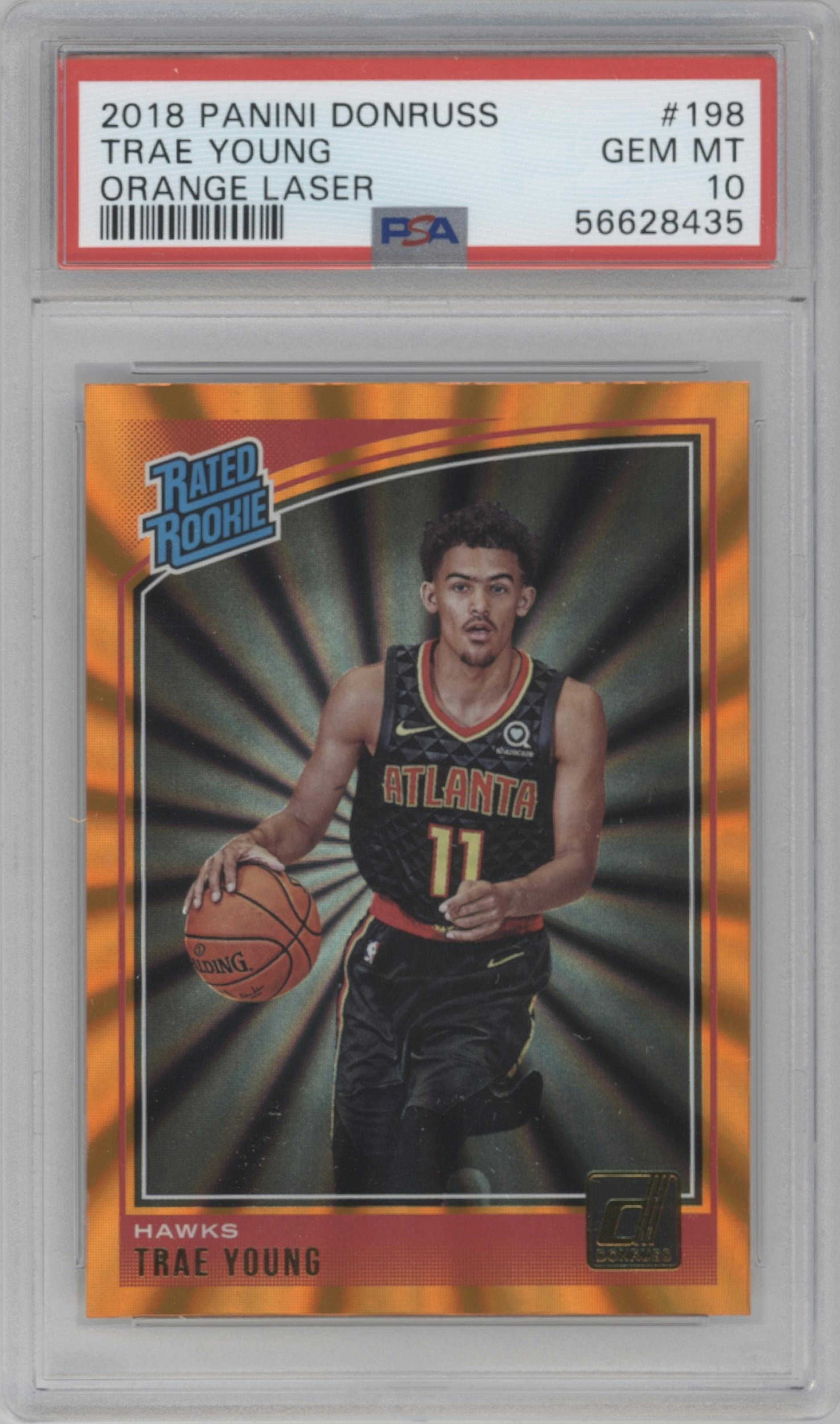 Trae Young from the 2018-19 Panini Donruss  set featuring a Orange Laser parallel graded by PSA and given an overall grade of 10.