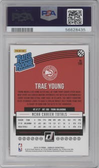 Trae Young from the 2018-19 Panini Donruss  set featuring a Orange Laser parallel graded by PSA and given an overall grade of 10.