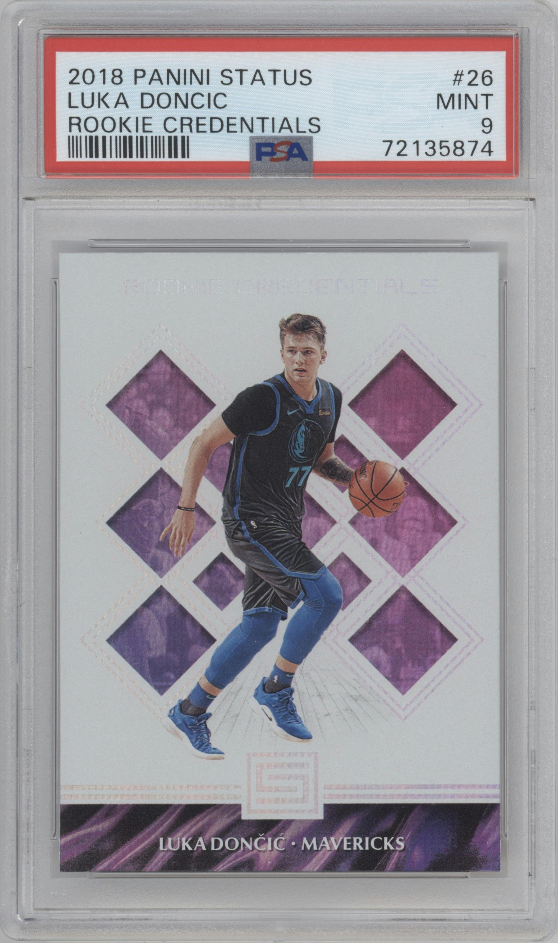 Luka Doncic from the 2018-19 Panini Status set graded by PSA and given an overall grade of 9.