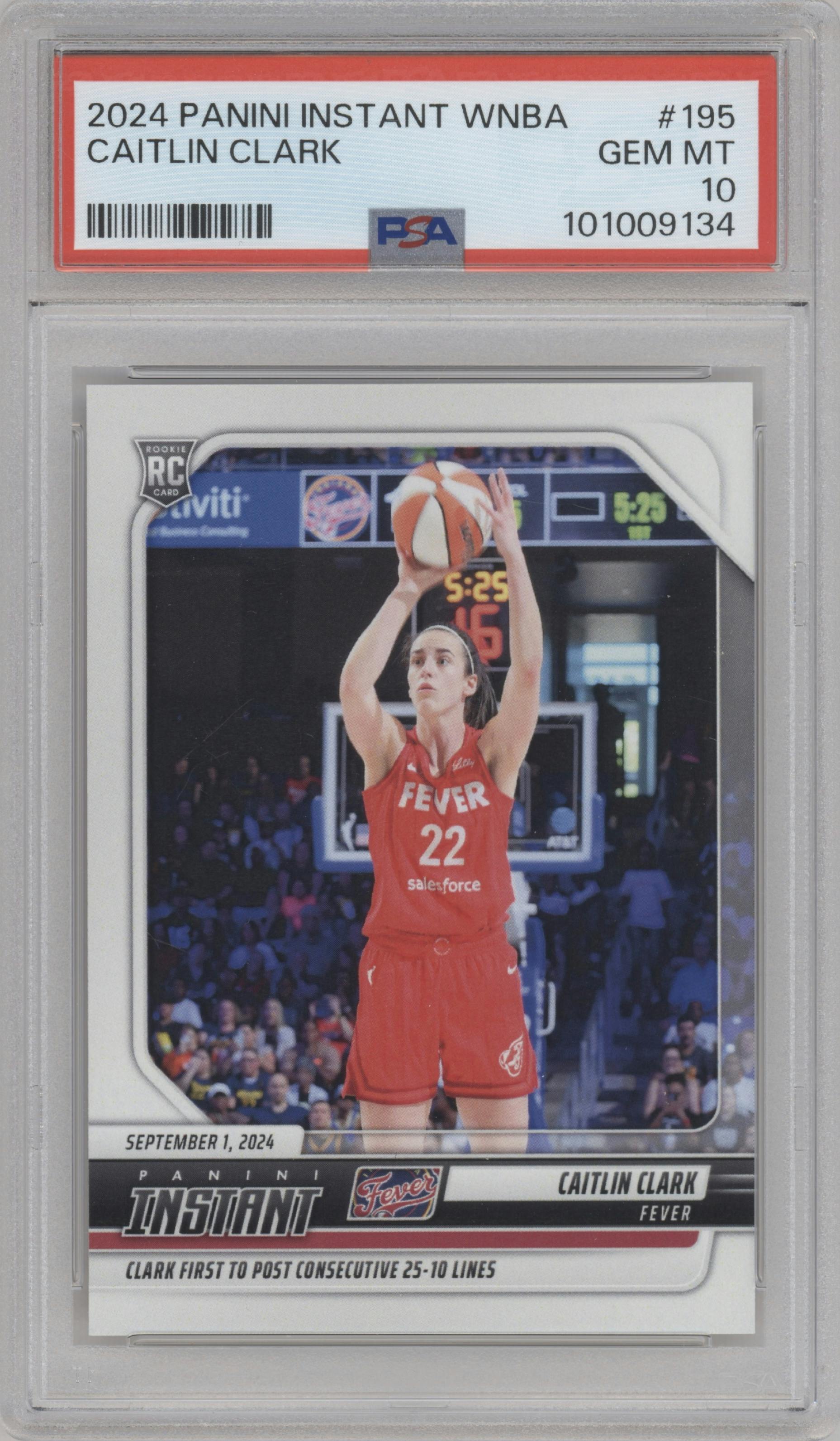 Caitlin Clark from the 2024-25 Panini Instant WNBA set graded by PSA and given an overall grade of 10.