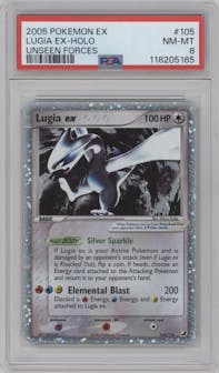 Lugia ex from the 2005 Pokemon EX set graded by PSA and given an overall grade of 8.