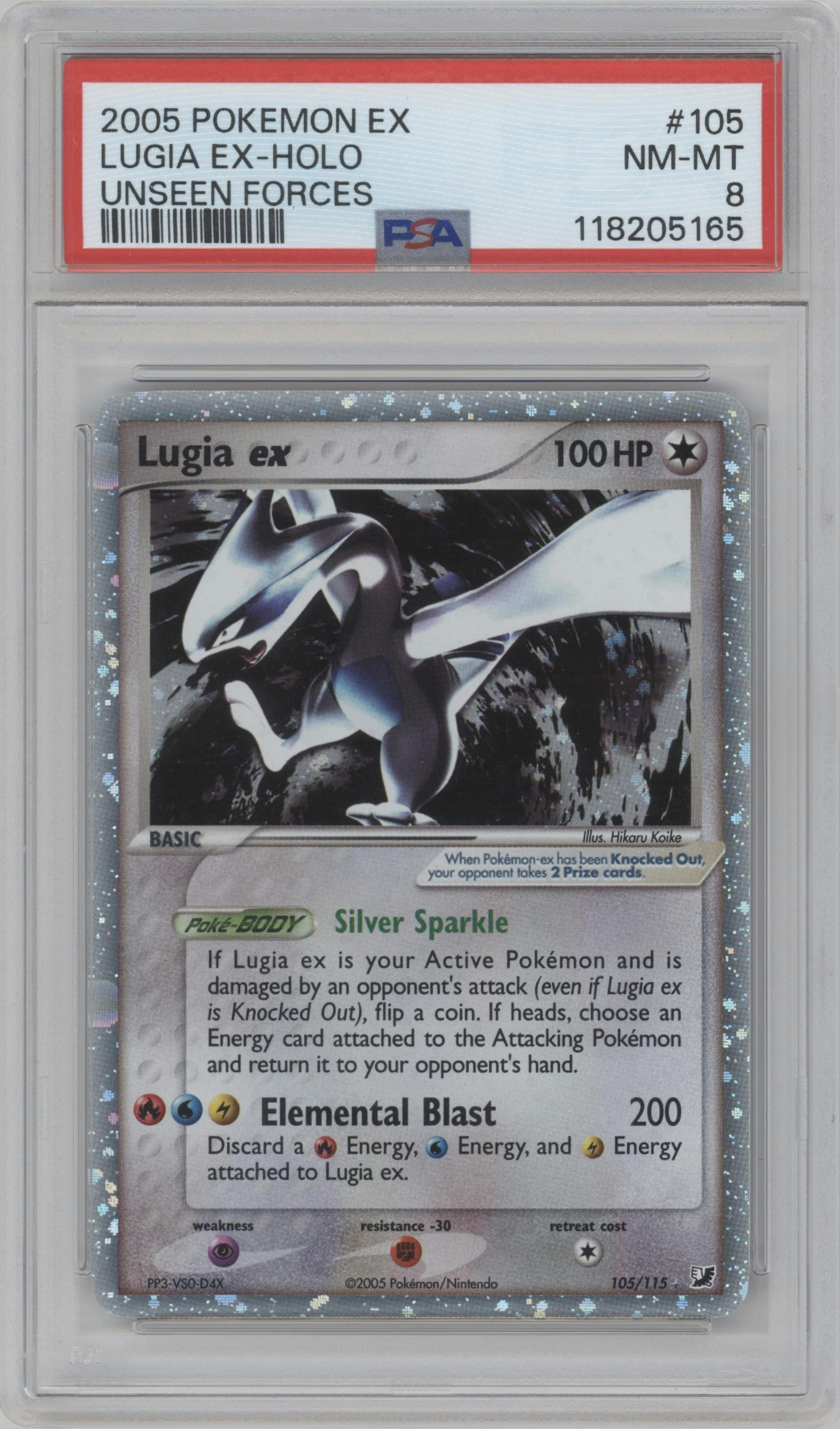 Lugia ex from the 2005 Pokemon EX set graded by PSA and given an overall grade of 8.