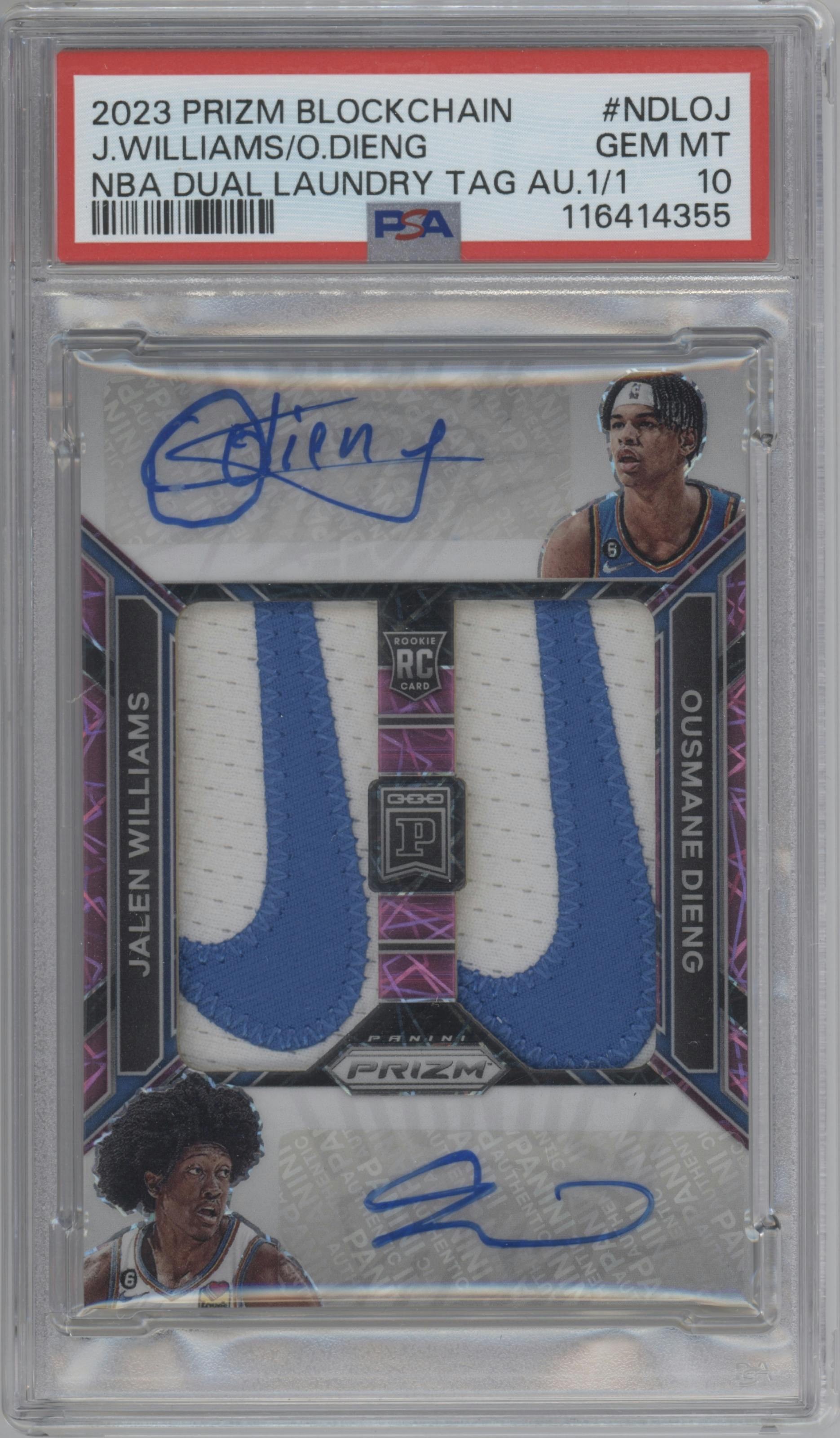 Jalen Williams/Ousmane Dieng from the 2023 Panini Prizm Blockchain set graded by PSA and given an overall grade of 10.