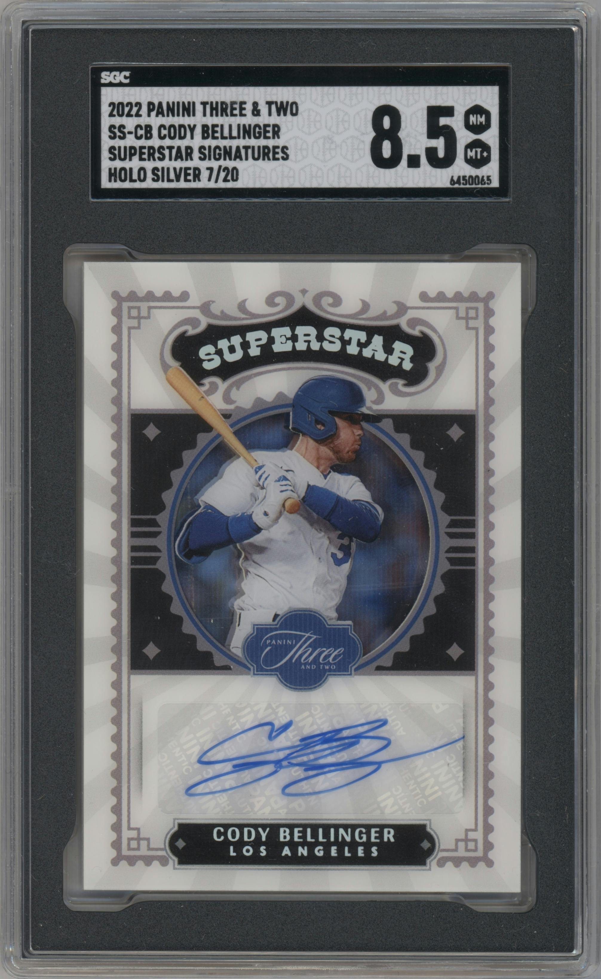 Cody Bellinger from the 2022 Panini Three & Two set featuring a Holo Silver parallel graded by SGC and given an overall grade of 8.5.