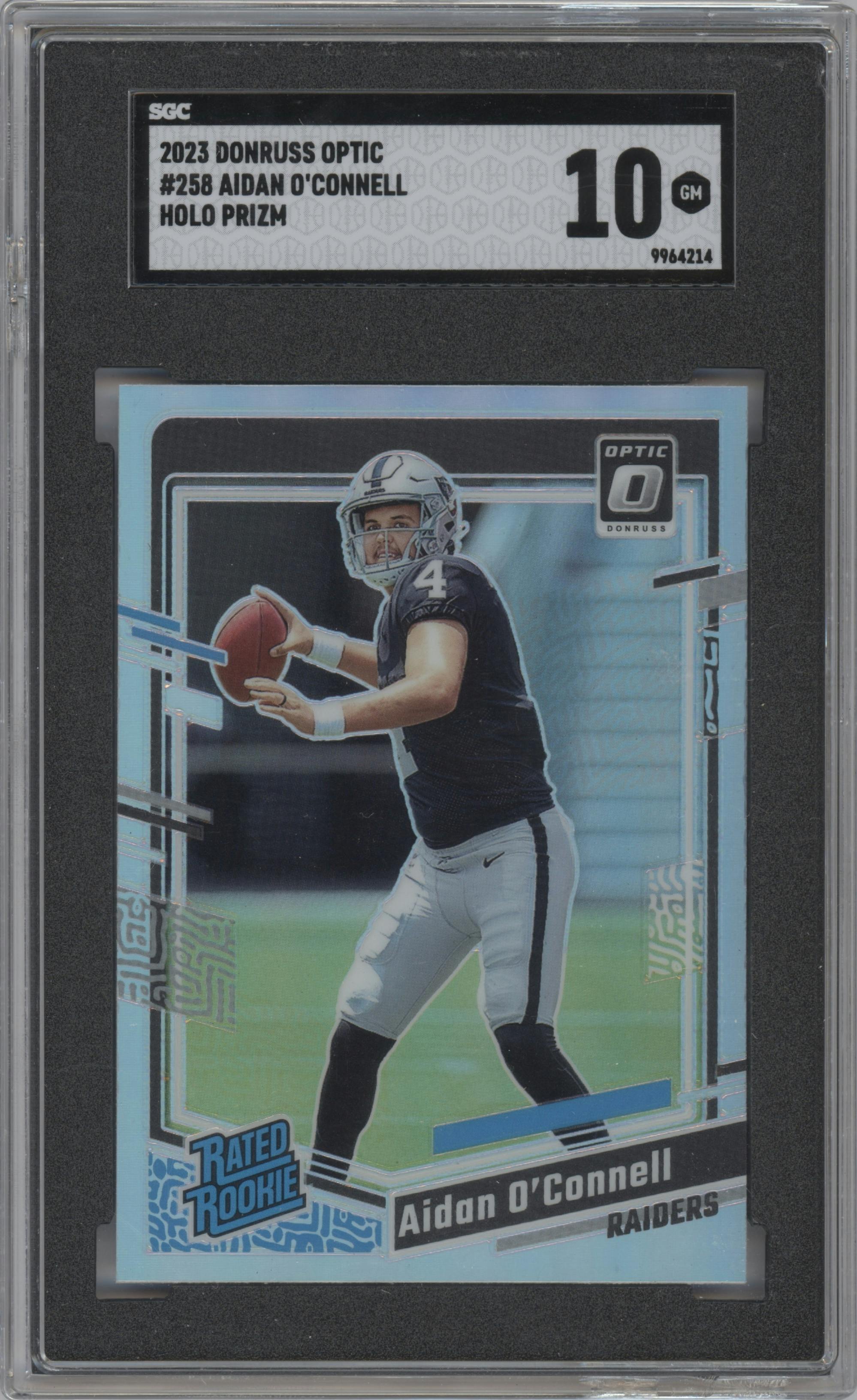 Aidan O'Connell from the 2023 Donruss Optic set featuring a Holo parallel graded by SGC and given an overall grade of 10.
