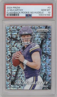 J.J. McCarthy from the 2024 Panini Prizm set featuring a No Huddle parallel graded by PSA and given an overall grade of 10.