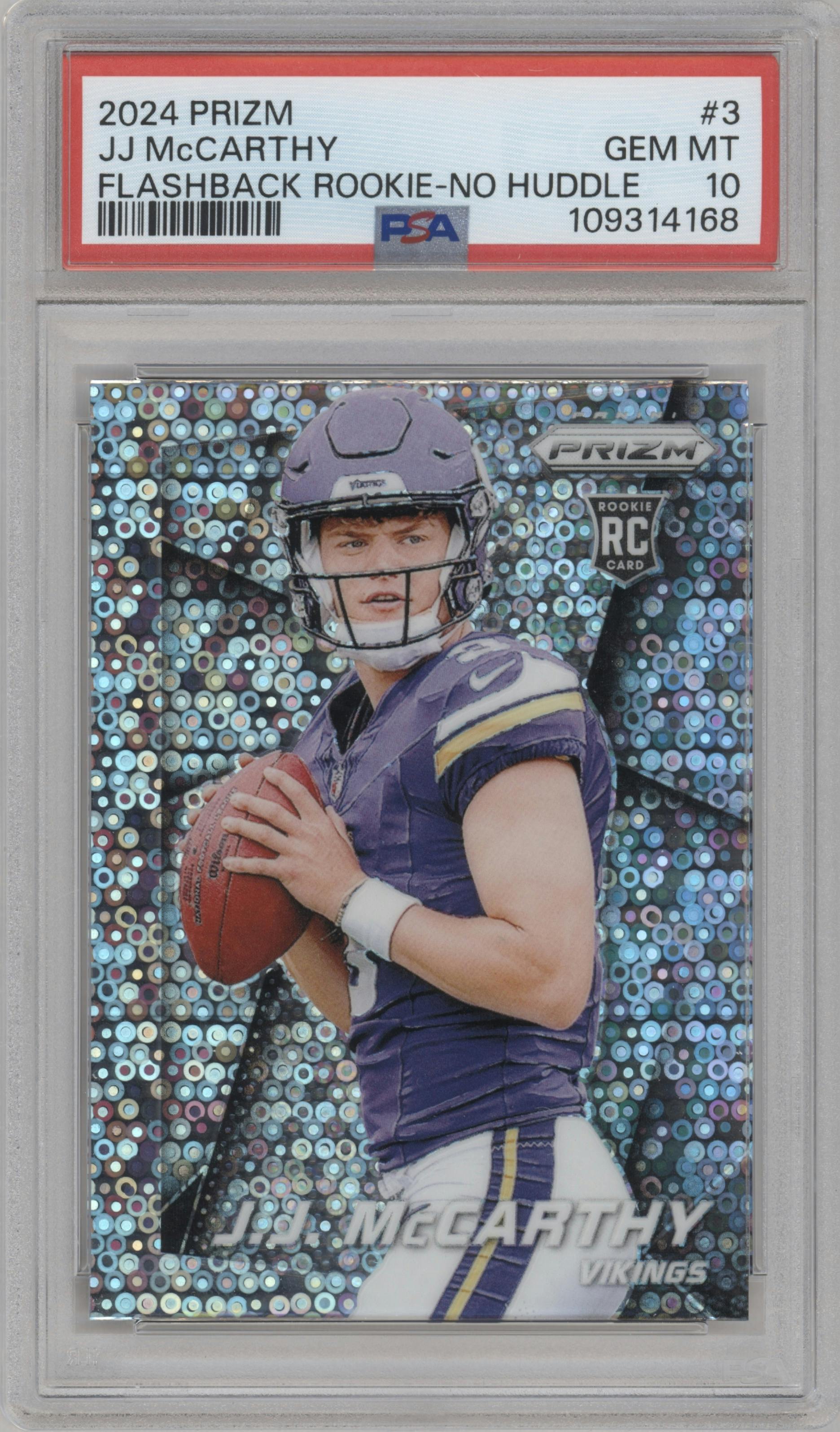 J.J. McCarthy from the 2024 Panini Prizm set featuring a No Huddle parallel graded by PSA and given an overall grade of 10.