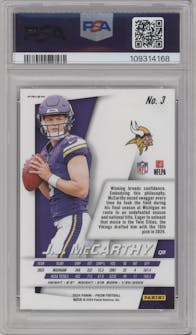 J.J. McCarthy from the 2024 Panini Prizm set featuring a No Huddle parallel graded by PSA and given an overall grade of 10.
