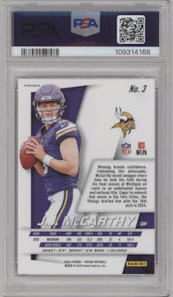 J.J. McCarthy from the 2024 Panini Prizm set featuring a No Huddle parallel graded by PSA and given an overall grade of 10.