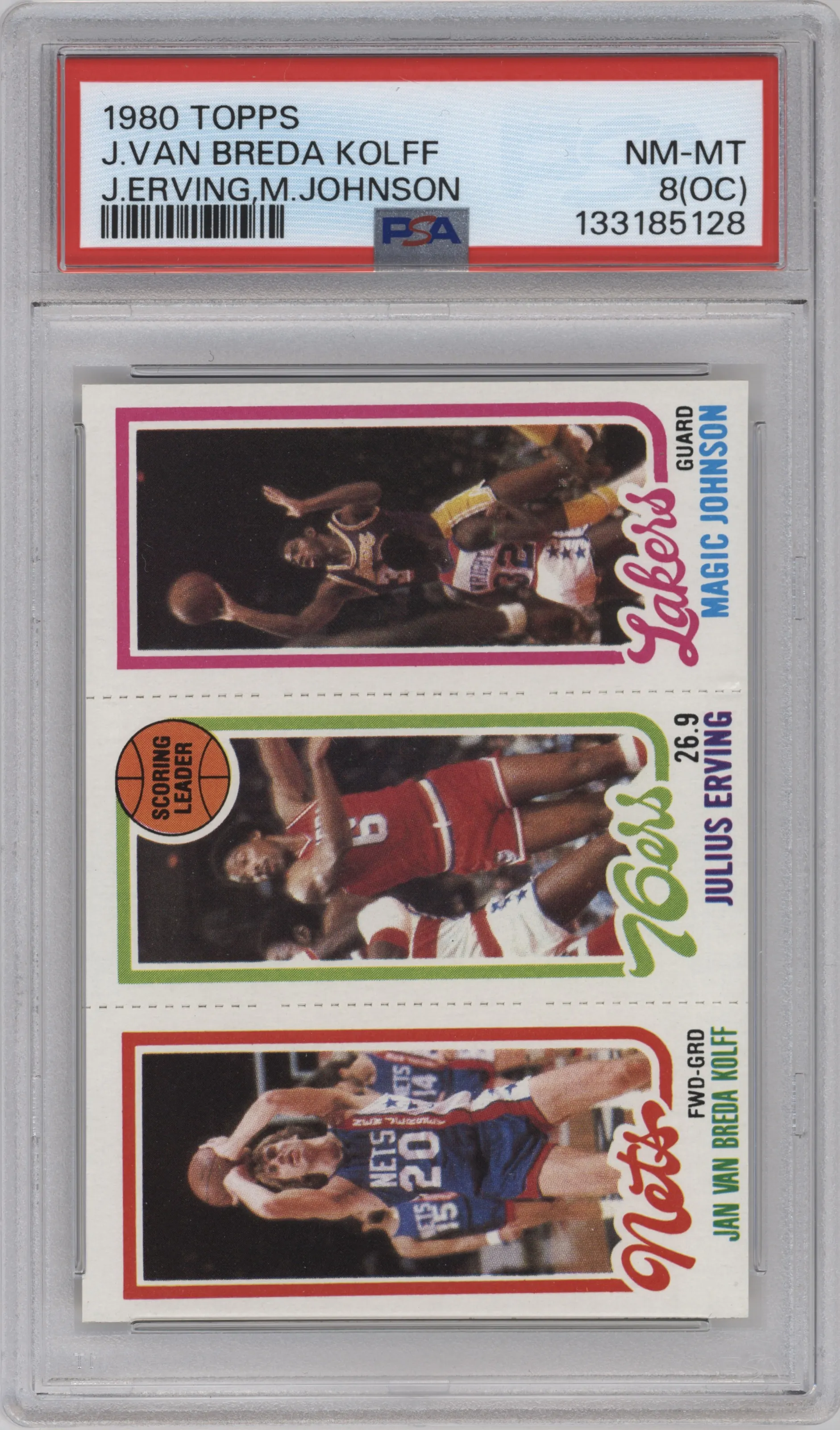 1980 Topps Magic Johnson/Julius Erving/Jan Van Breda Kolff Off Center #139/174/162 PSA 8