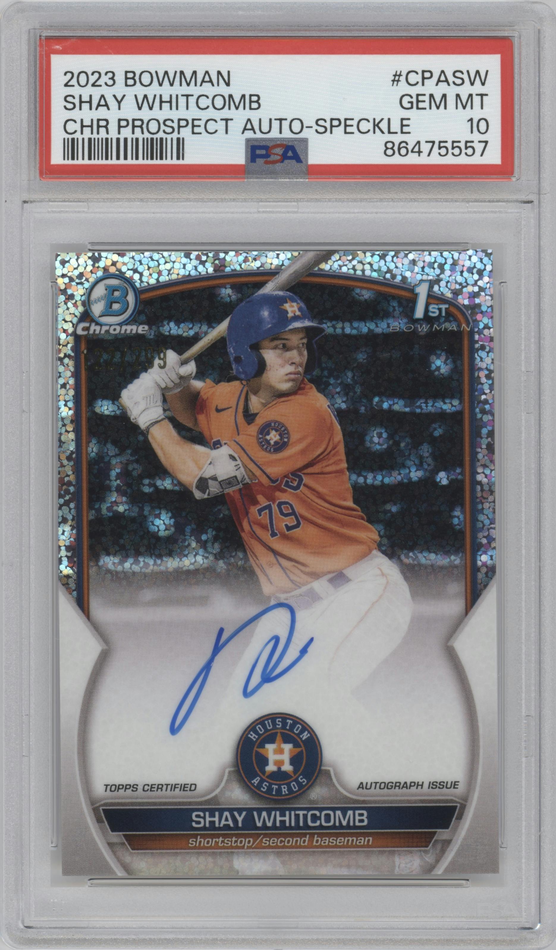 Shay Whitcomb from the 2023 Bowman  set featuring a Speckle Refractor parallel graded by PSA and given an overall grade of 10.