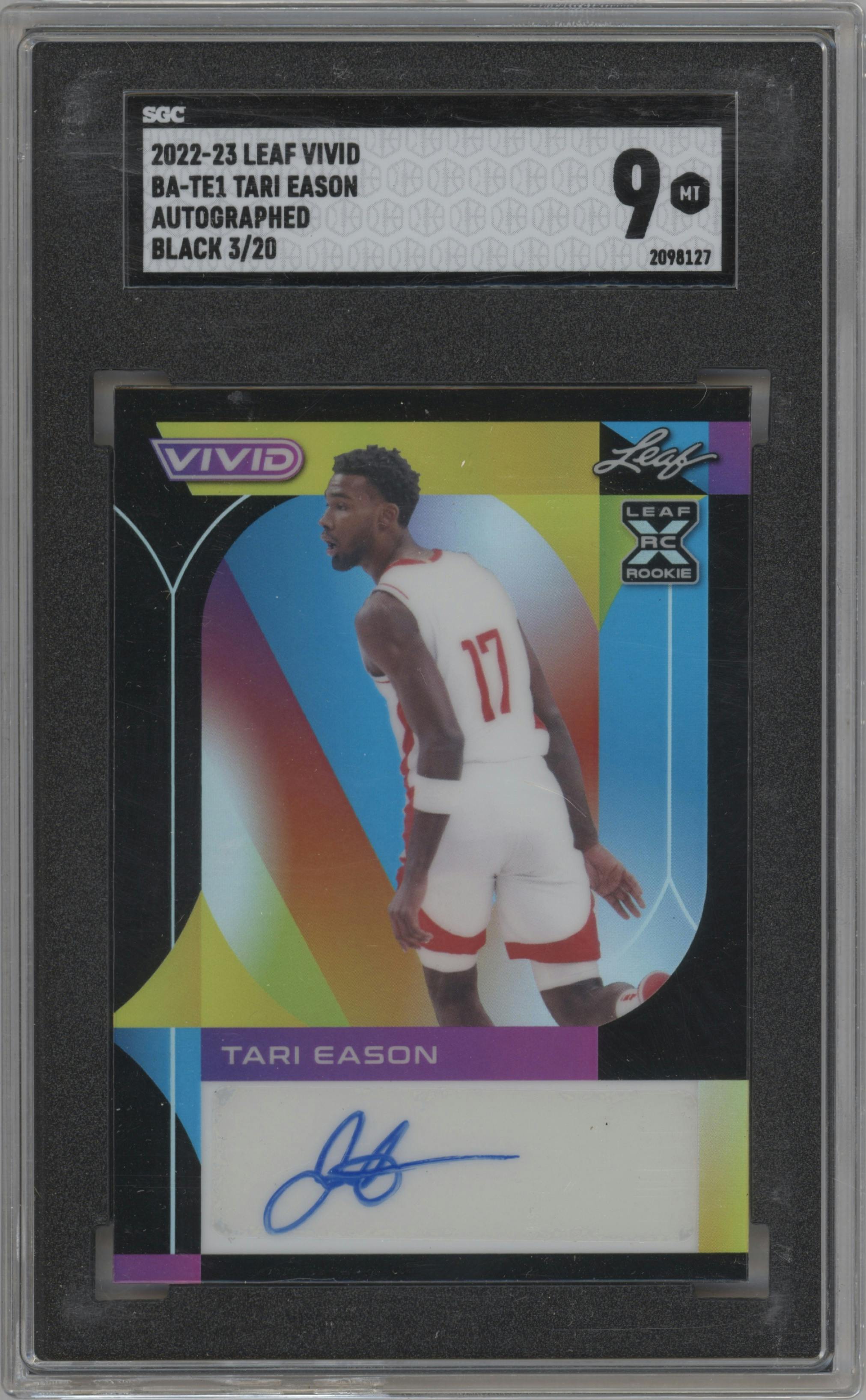 Tari Eason from the 2022-23 Leaf Vivid set featuring a Black parallel graded by SGC and given an overall grade of 9.