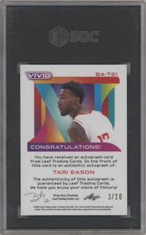 Tari Eason from the 2022-23 Leaf Vivid set featuring a Black parallel graded by SGC and given an overall grade of 9.