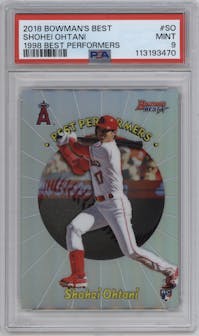 Shohei Ohtani from the 2018 Bowman’s Best set graded by PSA and given an overall grade of 9.
