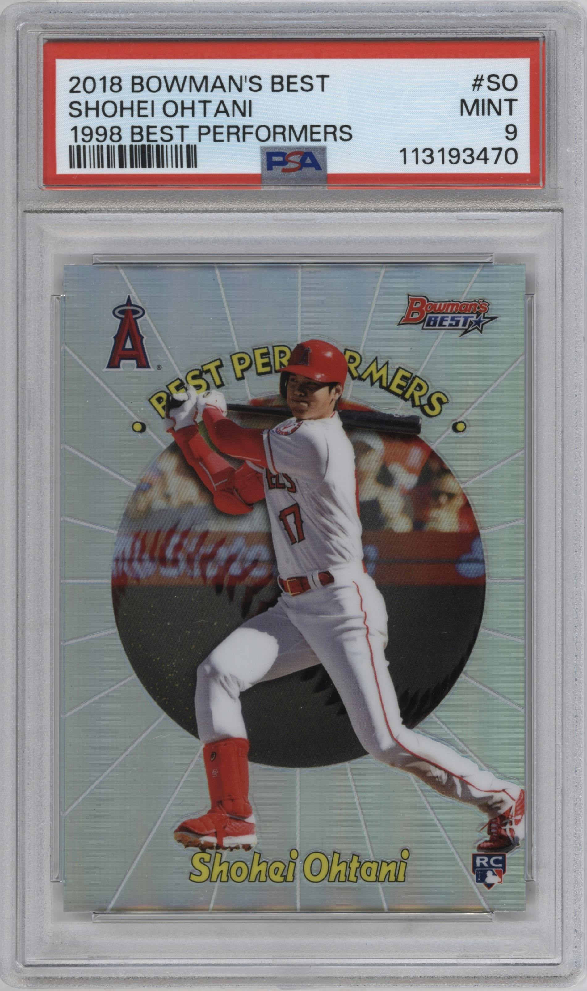 Shohei Ohtani from the 2018 Bowman’s Best set graded by PSA and given an overall grade of 9.