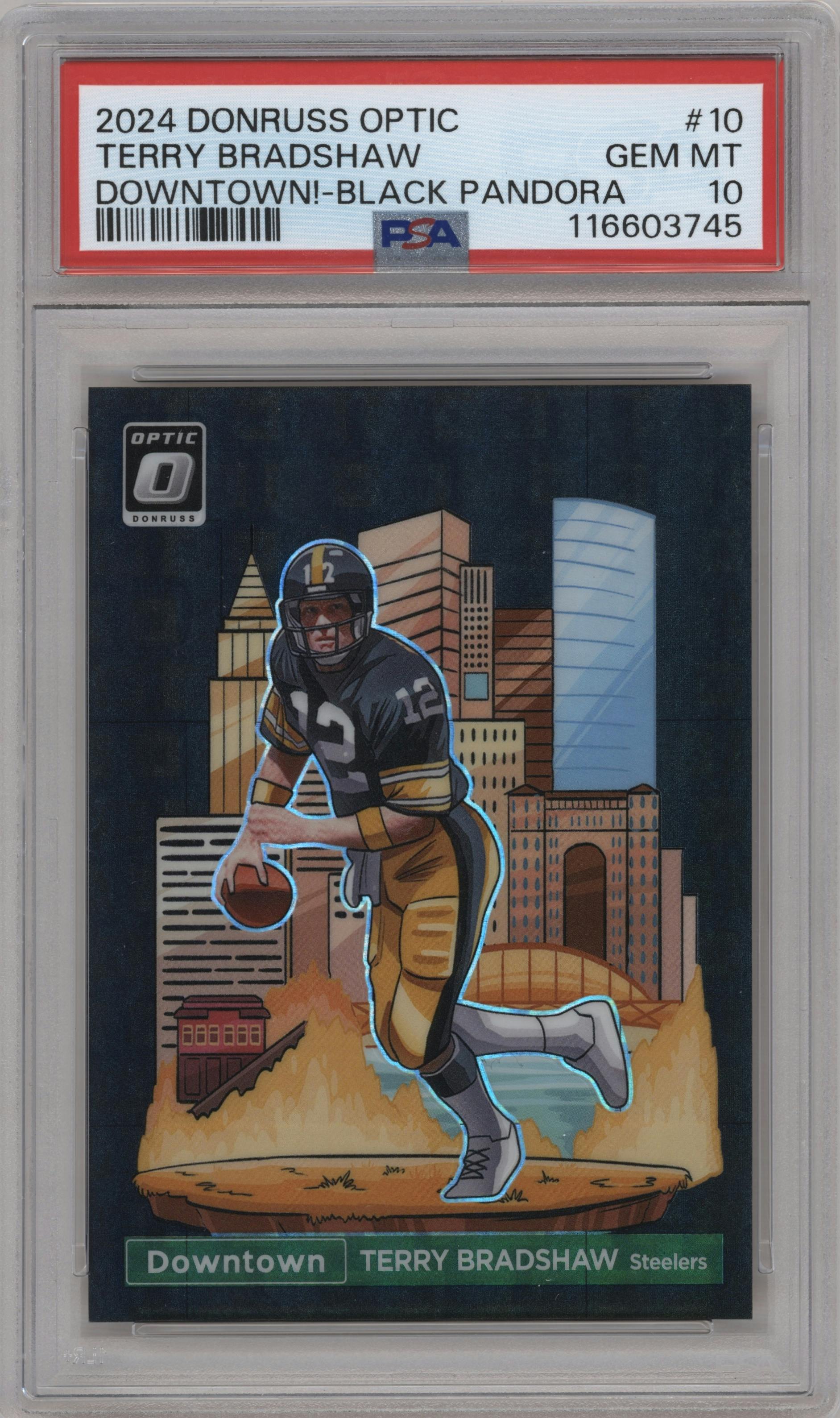 Terry Bradshaw from the 2024 Donruss Optic set featuring a Black Pandora parallel graded by PSA and given an overall grade of 10.