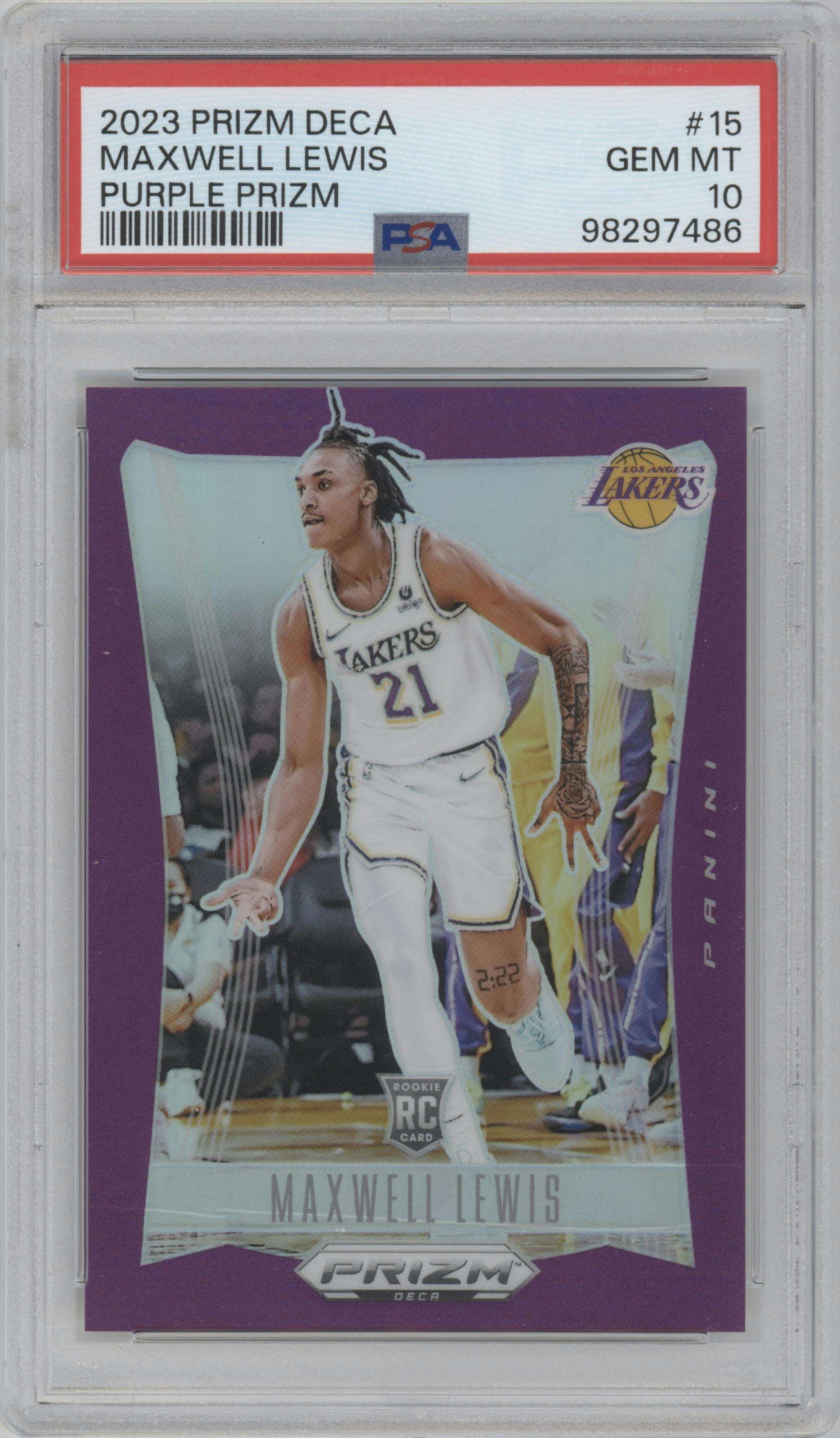 Maxwell Lewis from the 2023-24 Panini Prizm Deca set featuring a Purple Prizm parallel graded by PSA and given an overall grade of 10.