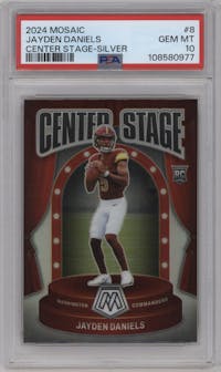 Jayden Daniels from the 2024 Panini Mosaic set featuring a Silver parallel graded by PSA and given an overall grade of 10.