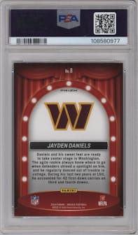 Jayden Daniels from the 2024 Panini Mosaic set featuring a Silver parallel graded by PSA and given an overall grade of 10.
