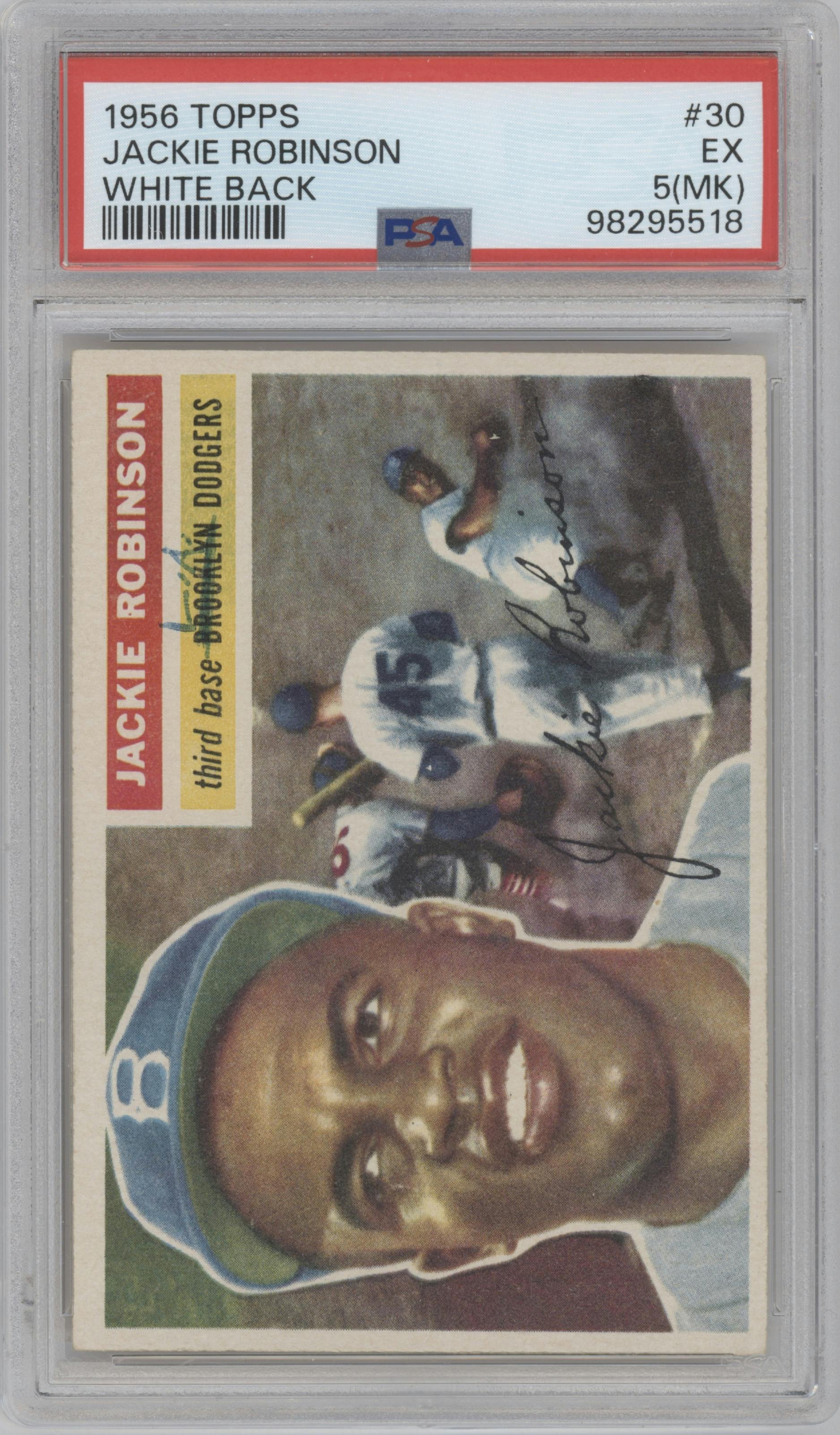 Jackie Robinson from the 1956 Topps set featuring a White Back parallel graded by PSA and given an overall grade of 5.