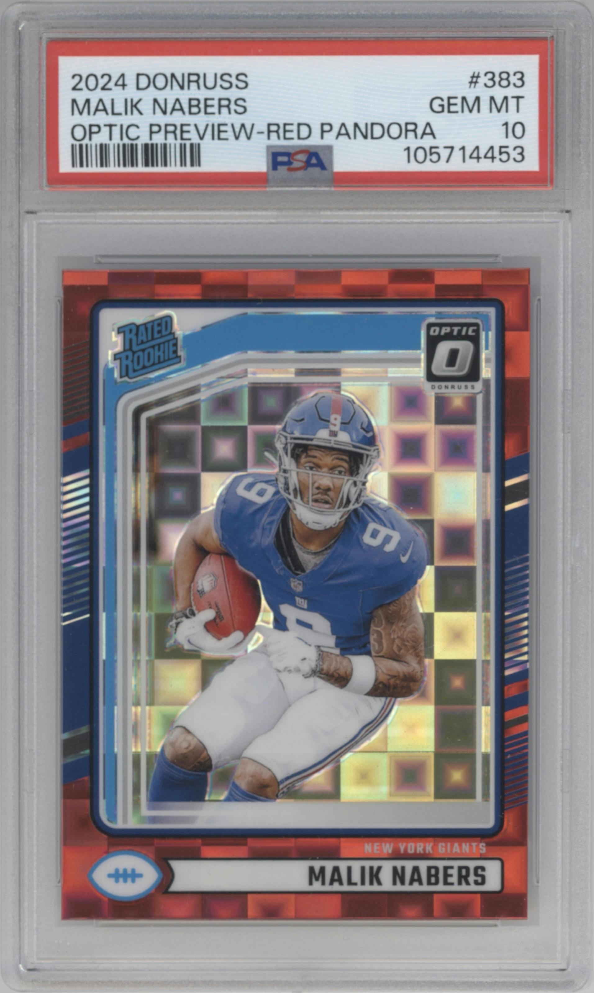 Malik Nabers from the 2024 Donruss set featuring a Red Pandora parallel graded by PSA and given an overall grade of 10.