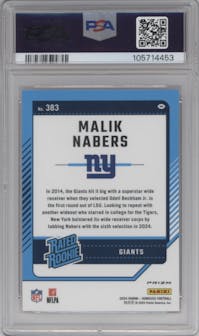 Malik Nabers from the 2024 Donruss set featuring a Red Pandora parallel graded by PSA and given an overall grade of 10.