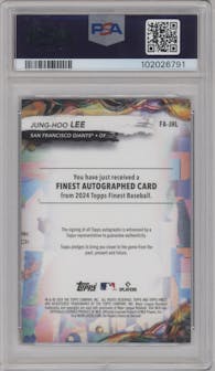 Jung-Hoo Lee from the 2024 Topps Finest set featuring a Blue Refractor parallel graded by PSA and given an overall grade of 10.