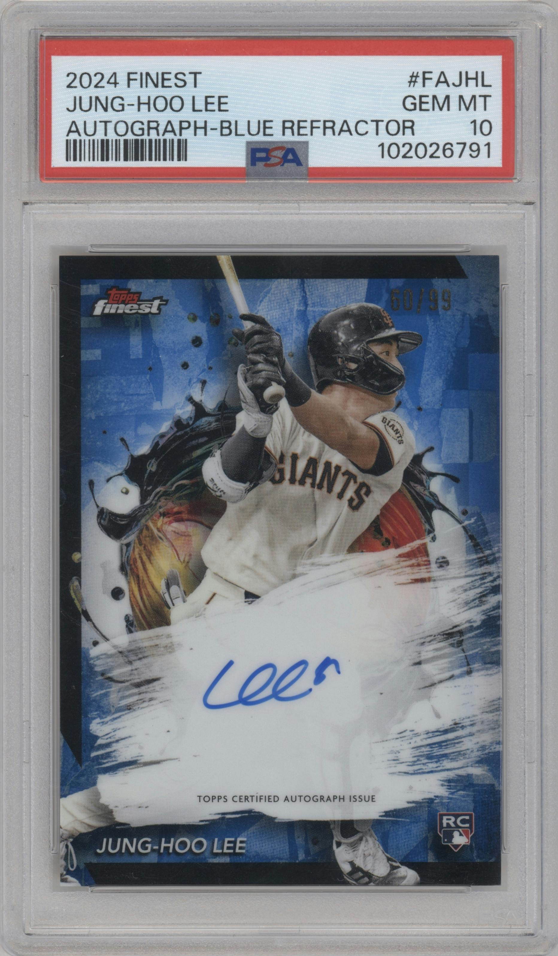 Jung-Hoo Lee from the 2024 Topps Finest set featuring a Blue Refractor parallel graded by PSA and given an overall grade of 10.