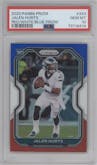 Jalen Hurts from the 2020 Panini Prizm set featuring a Red/White/Blue Prizm parallel graded by PSA and given an overall grade of 10.