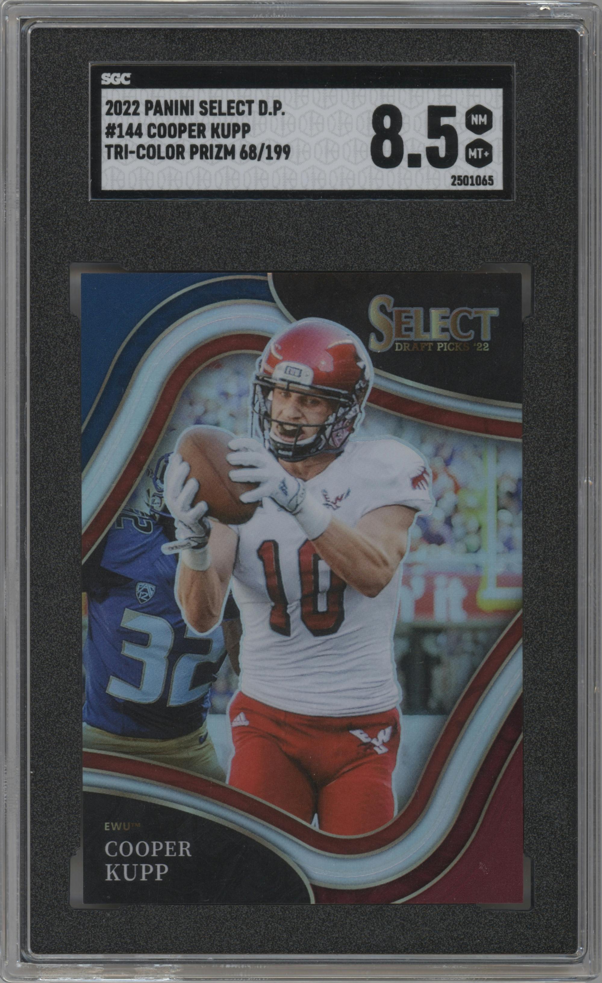 Cooper Kupp from the 2022 Panini Select Draft Picks set featuring a Tri-Color parallel graded by SGC and given an overall grade of 8.5.