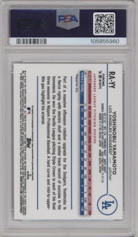 Yoshinobu Yamamoto from the 2024 Topps Chrome set featuring a Green Refractor parallel graded by PSA and given an overall grade of 10.
