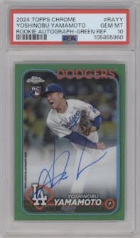 Yoshinobu Yamamoto from the 2024 Topps Chrome set featuring a Green Refractor parallel graded by PSA and given an overall grade of 10.