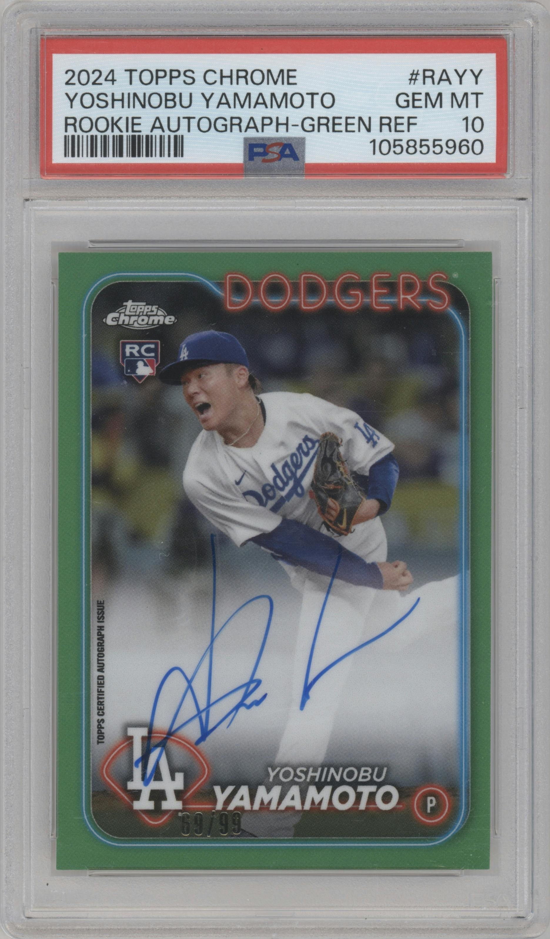Yoshinobu Yamamoto from the 2024 Topps Chrome set featuring a Green Refractor parallel graded by PSA and given an overall grade of 10.