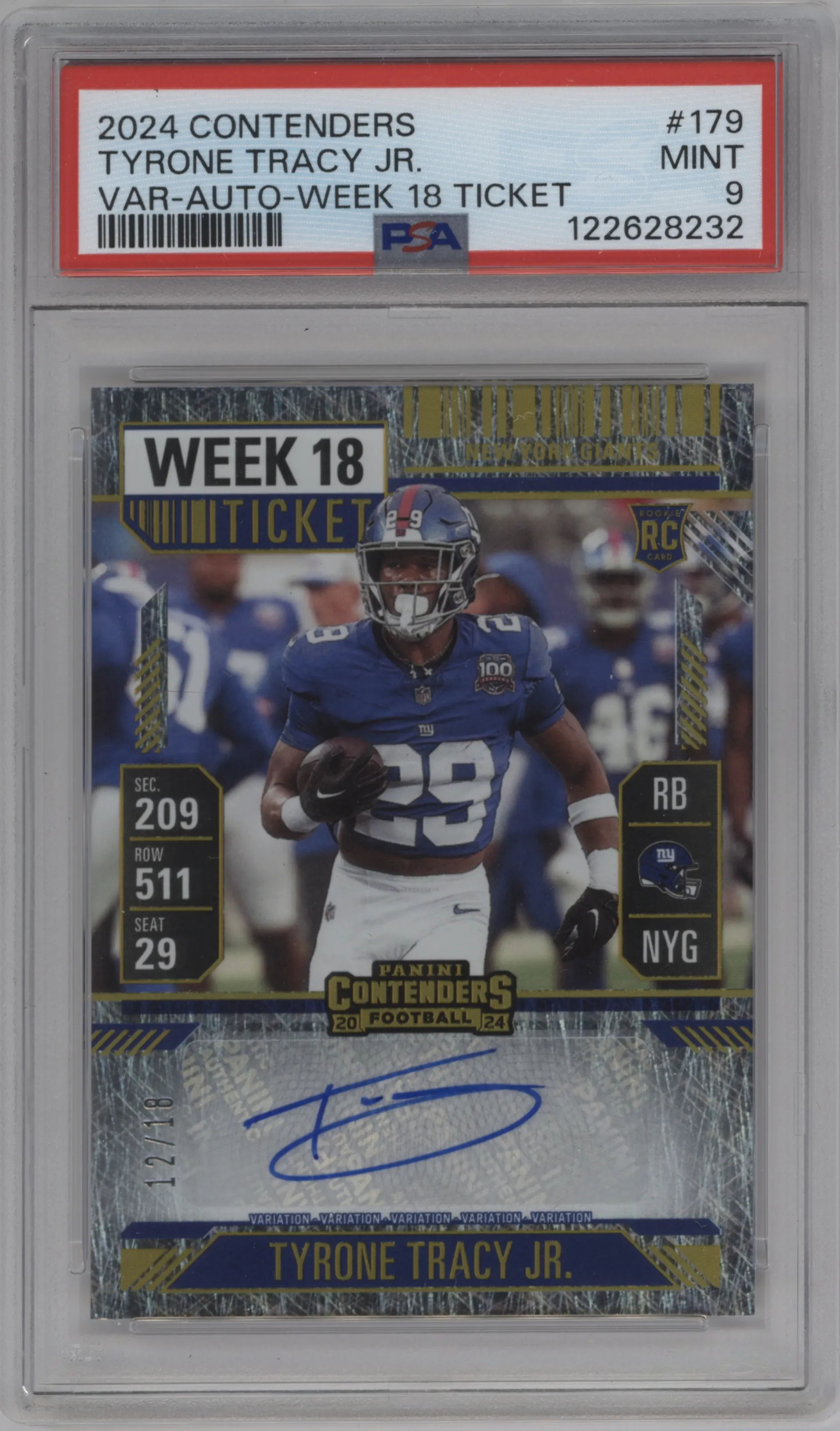 2024 Panini Contenders Rke.Tkt.Au.Var Tyrone Tracy Jr. Week 18 Ticket #179 PSA 9