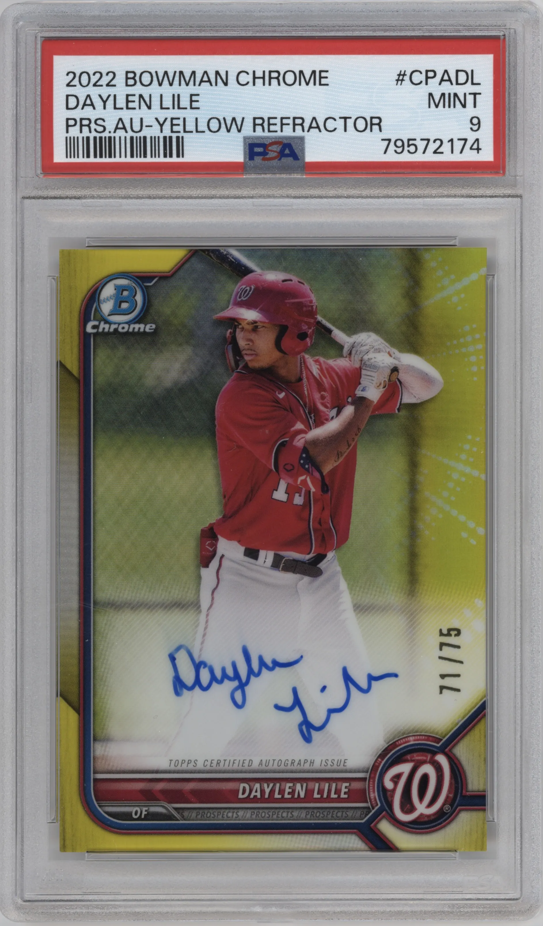Daylen Lile from the 2022 Bowman Chrome set featuring a Yellow Refractor parallel graded by PSA and given an overall grade of 9.
